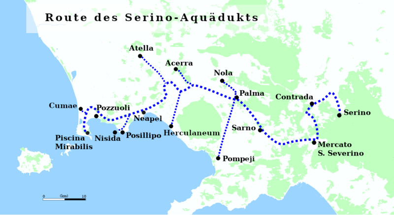 Route for the augustan Aqueduct that ran from south central italy to the western coast by the Gulf of Naples.
