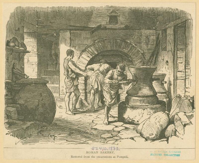 This image shows three men working in a bakery. One is putting bread into a very large oven, another is holding the tray of loaves for him, and a final is turning a flour mill. The bakery is made entirely of stone, and sketched to depict the hard work they were doing.