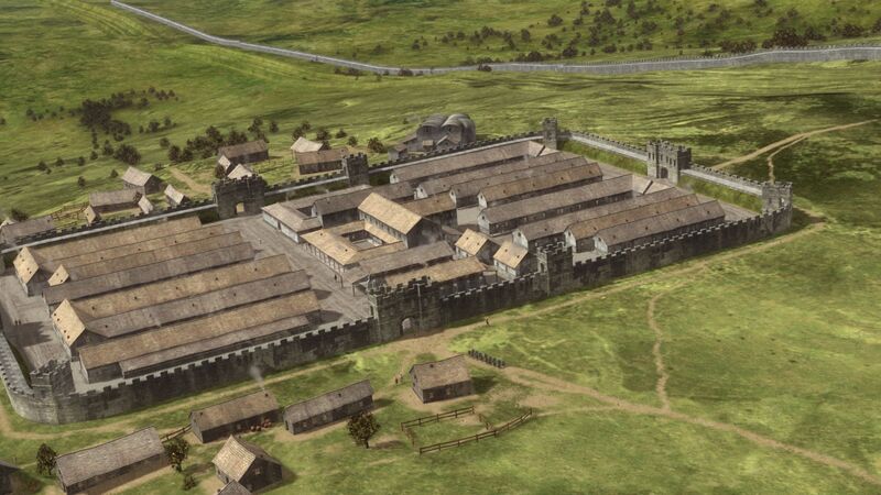 Reconstructed illustration of Magna Roman Fort showing Roman buildings, defensive walls, roads, and surrounding settlement in its historical layout.