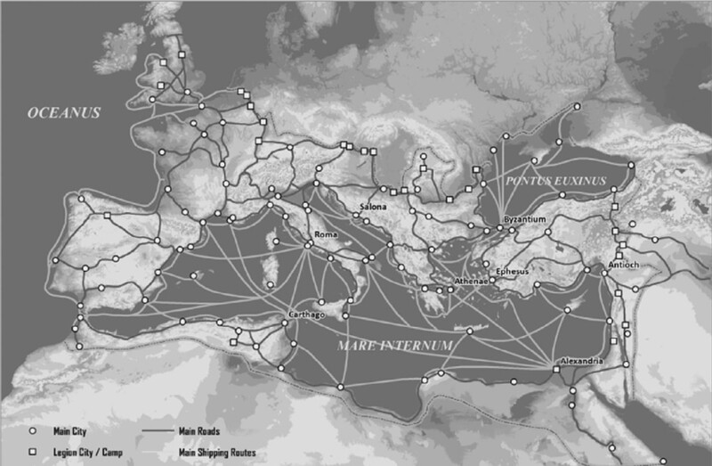 Map showing the Roman Empire’s main trade and transport routes around 125 CE, including major sea lanes across the Mediterranean and overland road networks connecting provinces across Europe, North Africa, and the Near East.