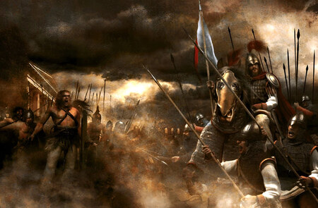 Fierce roman battle fighting shirtless barbarians in smokybattleground