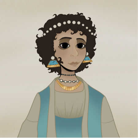 A bust of a woman with short curly dark brown hair. She has a pearl head band that sits over her hair and dark eye lashes under her eyes in the style of fayum portraits. She is wearing a two toned tunic of dark ivory and torquoise. Her gaze is not looking directly forward and instead off to the right. she has a small smile and light lips. She wears three kinds of necklaces, two that are made of circular beads and one that is a flat gold collar. Her earrings are gold and torqoudse and in the shape of trapazoids.
