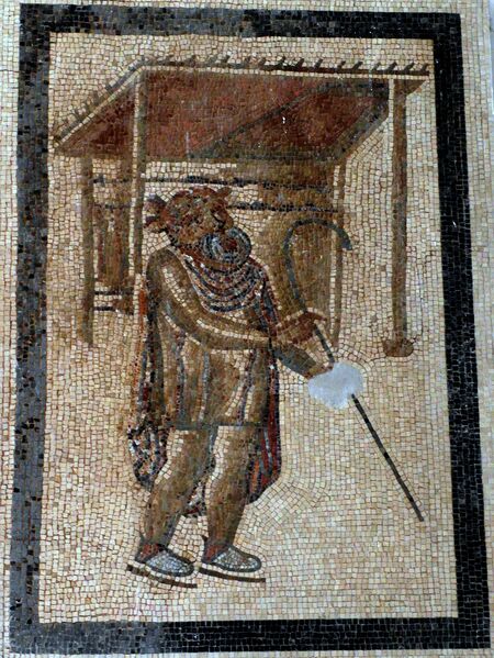 A Roman mosaic that depicts an actor with cane or 'rhabdo' that was used for the blind.