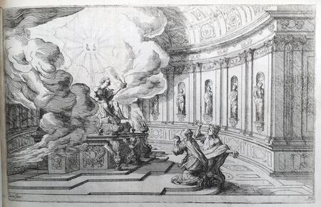 An engraving of a story from Ovid's Metamorphoses depicting Telethusa and Iphis praying to Isis