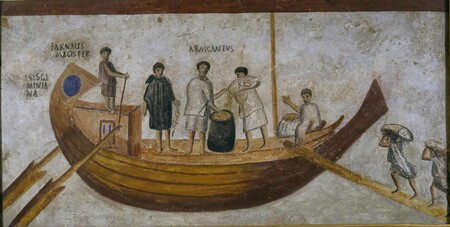 A frescoe depicting a Roman grain boat, dated the the Third Century CE.
