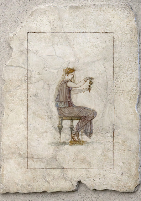 Roman fresco of a woman sitting and pouring contents from one container to another