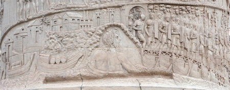 The crossing of the Roman Army over the Danube River in the first Dacian War (the large figure is a personification of the Danube)