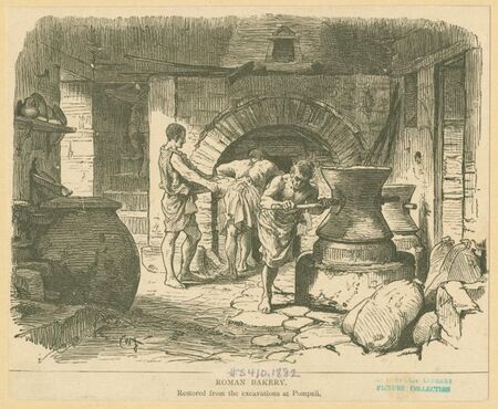 This image shows three men working in a bakery. One is putting bread into a very large oven, another is holding the tray of loaves for him, and a final is turning a flour mill. The bakery is made entirely of stone, and sketched to depict the hard work they were doing.