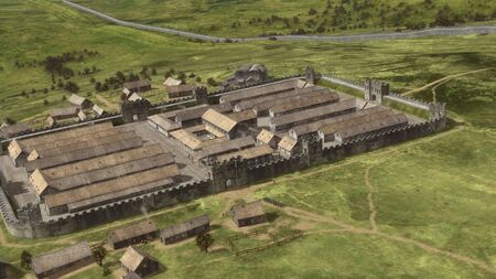 Reconstructed illustration of Magna Roman Fort showing Roman buildings, defensive walls, roads, and surrounding settlement in its historical layout.