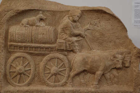Deptiction of a Roman Cart (4-Wheeled) and Pulled by Oxen
