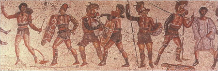 A gladiator mosaic that shows six gladiators and a referee